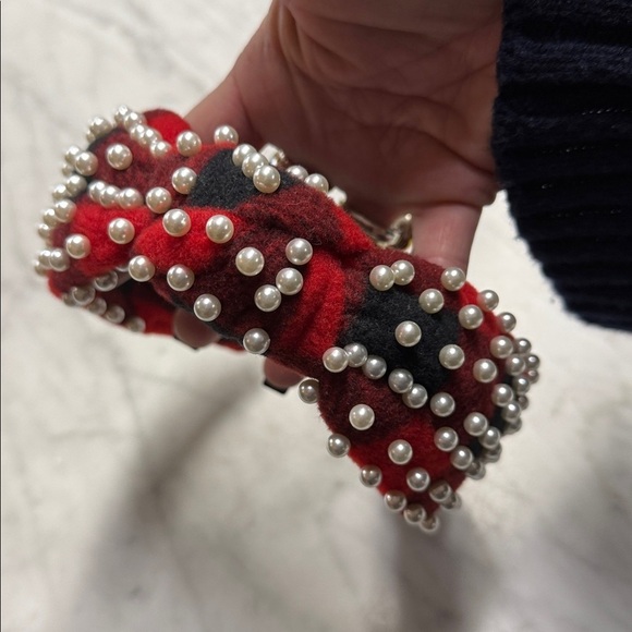 Lele Sadoughi NWOT Flannel Red Black Buffalo Check Headband with Pearl Accent